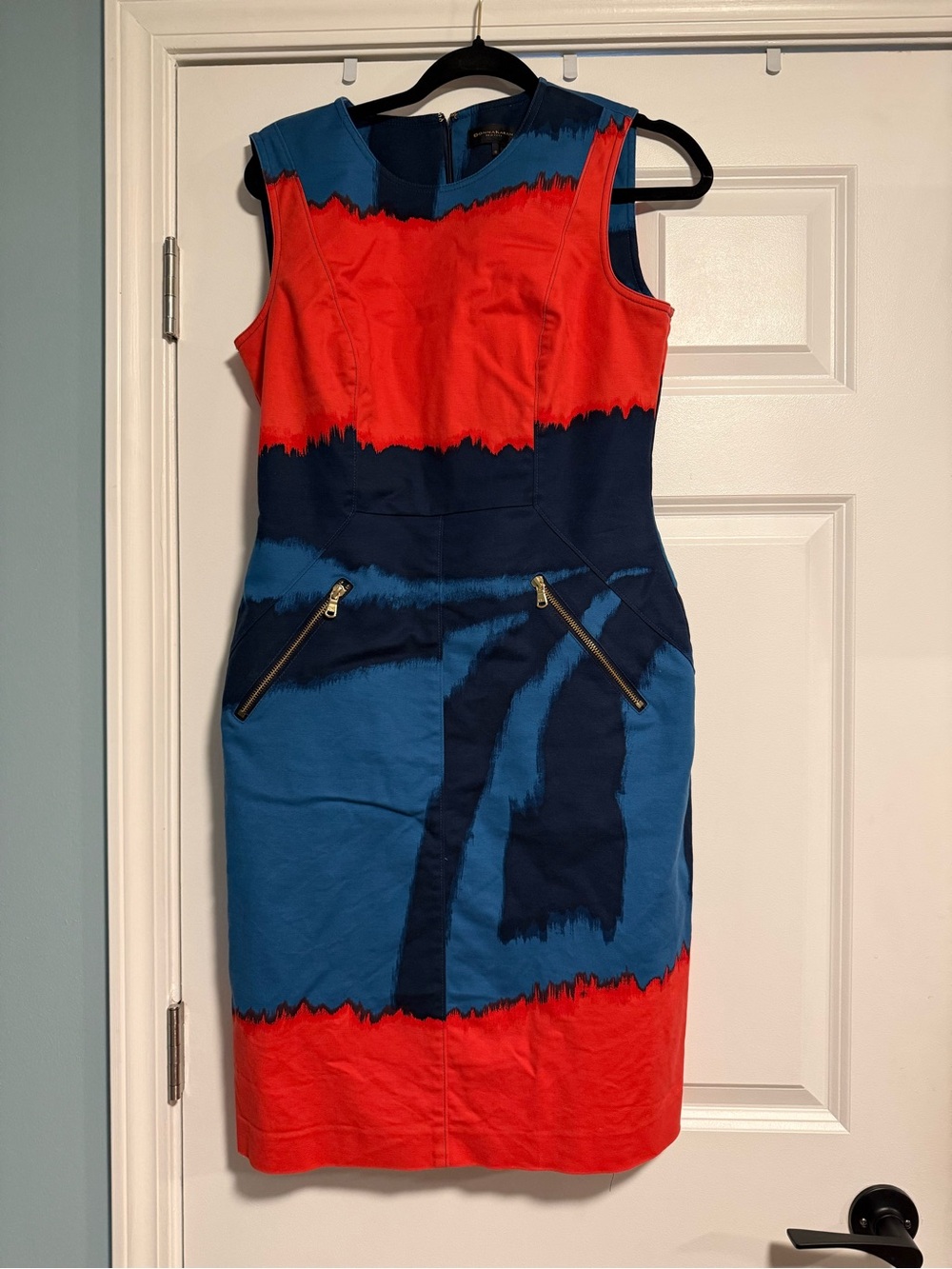 Donna Karan Red & Blue Sleeveless Sheath Dress